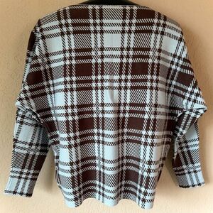 Adrienne Vittadini Boat Neck, Dolman Sleeve, Brown and Light Blue Plaid Sweater